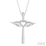 1/10 Ctw Angel Wing & Heart Round Cut Diamond Cross Pendant With Chain in 10K White Gold