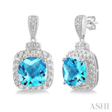 1/50 Ctw Round Cut Diamond & 8x8MM Cushion Cut Blue Topaz Semi Precious Earring in Sterling Silver