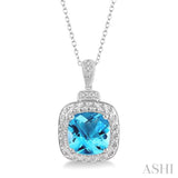 1/50 Ctw Round Cut Diamond & 10x10MM Cushion Cut Blue Topaz Semi-Precious Pendant With Chain in Sterling Silver