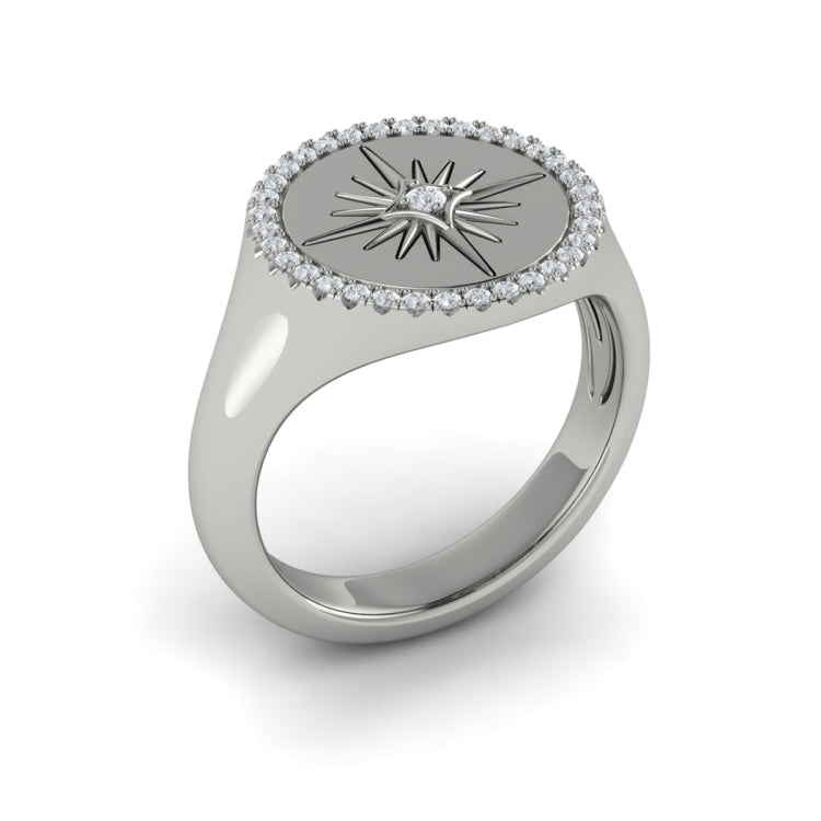 Center Starburst Diamond And Bezel Signet Ring