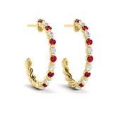 Diamond And Ruby  Open Twist Hoop Earrings