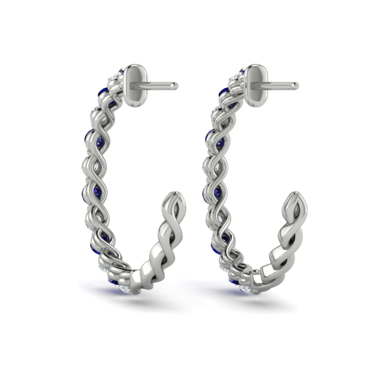 Diamond And Blue Sapphire  Open Twist Hoop Earrings