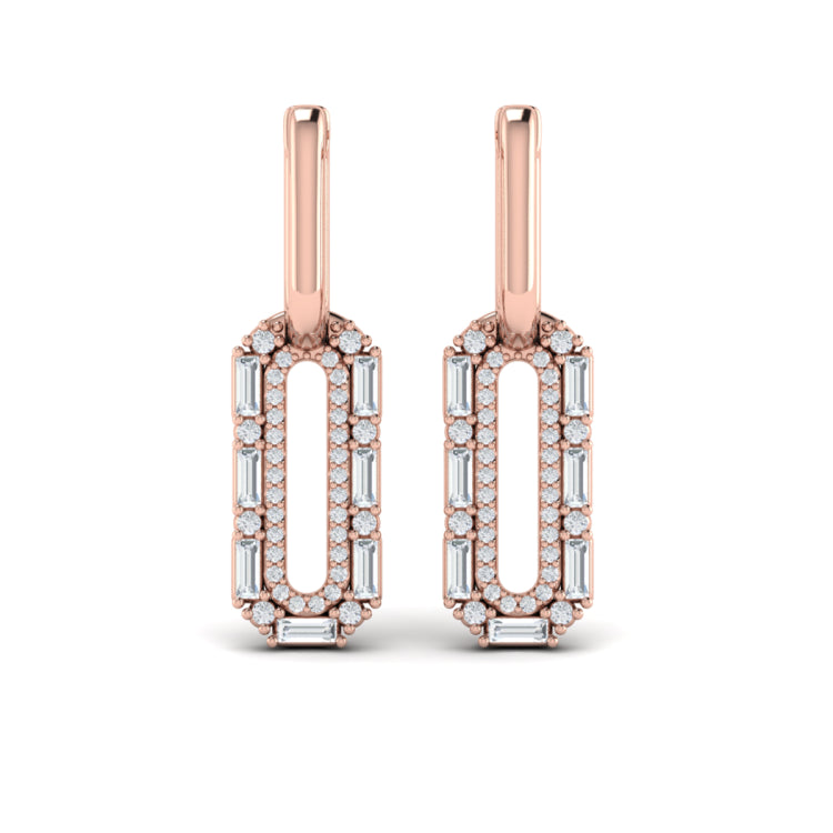Diamond Baguette Double Row Link Drop Huggie Earrings