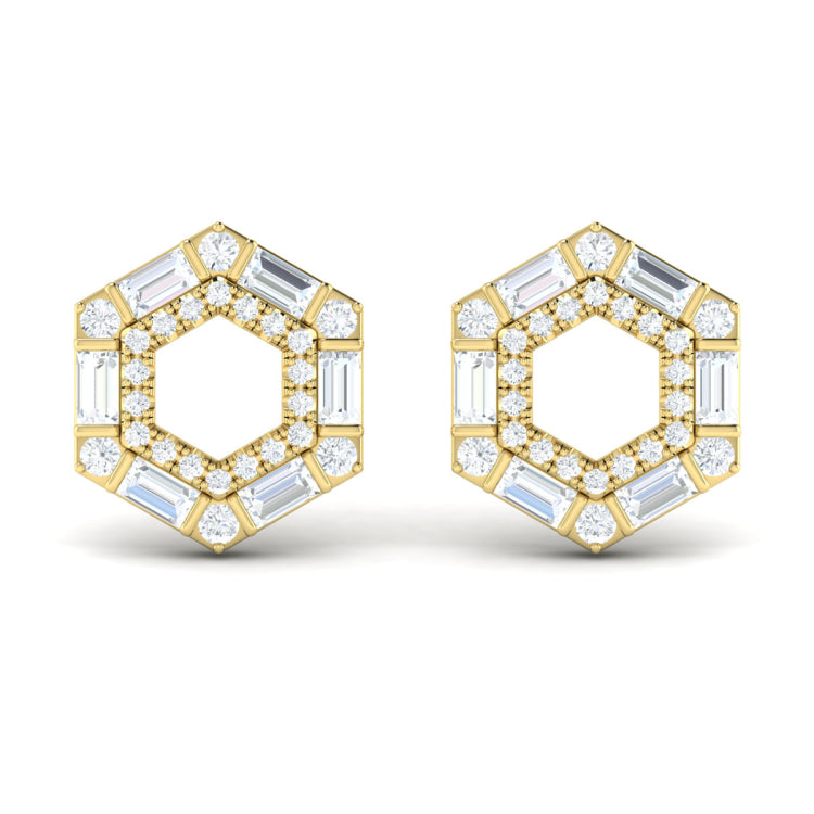 Diamond Baguette Double Row Open Honeycomb Stud Earrings